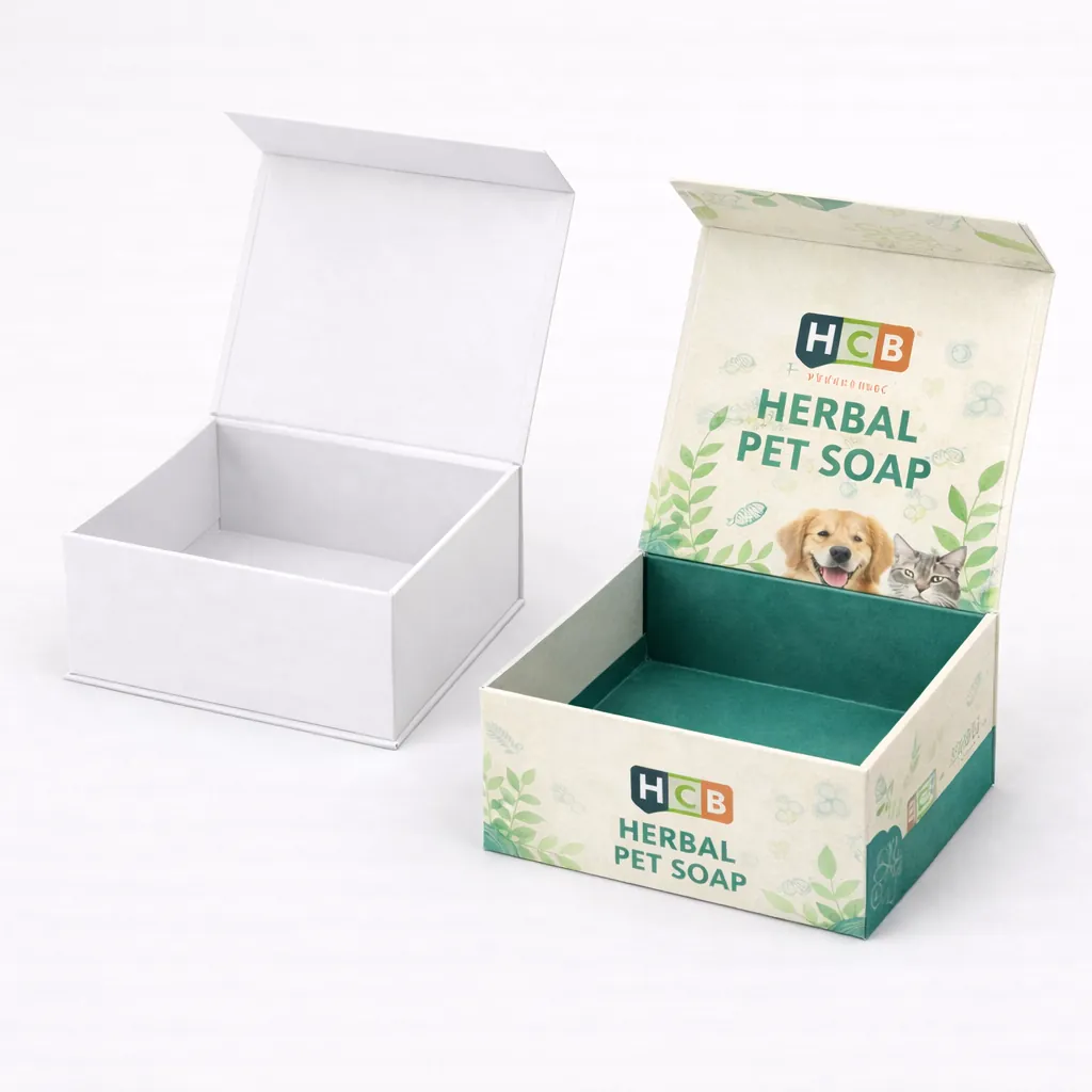 Two sliding drawer-style sleeve boxes, one plain white and one featuring teal wave patterns and branding. class=